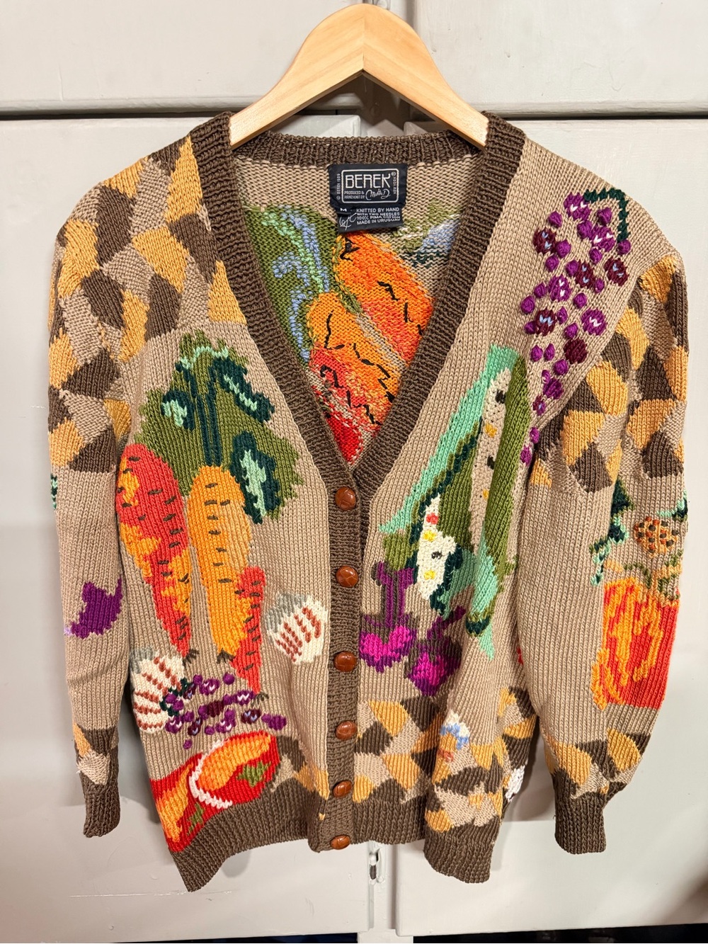 Berek Beige Knit Cardigan with Multicolor Vegetable Motifs